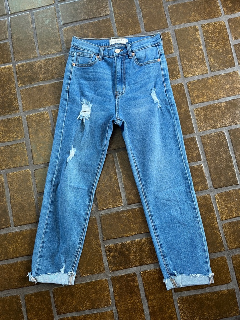 Great Smoky Medium Wash Distressed High Rise Cropped Straight Leg Jean